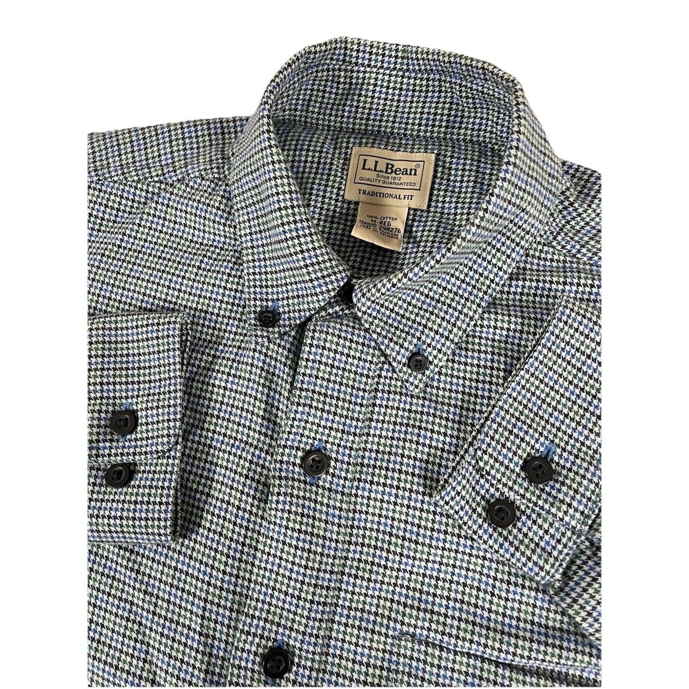 LL Bean 298276 Traditional Fit Blue Green White‎ Houndstooth Flannel Men's M Reg